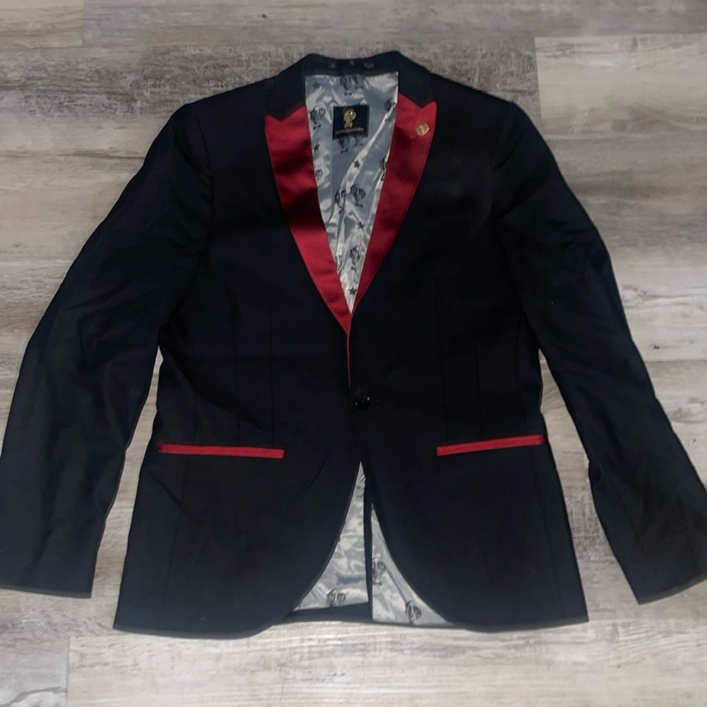 Noose & Monkey black and red tuxedo evening  jacket satin size euro 50r